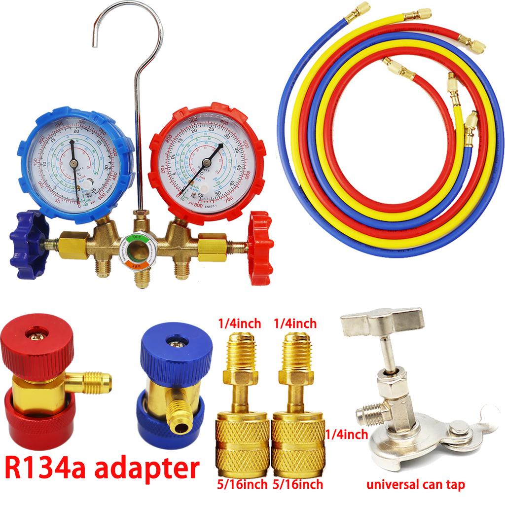 R410A R22 R134a R404A Manifold Gauge Set HVAC A/C Refrigeration Charging Service with Hoses Adjustable Couplers Adapter Can Tap