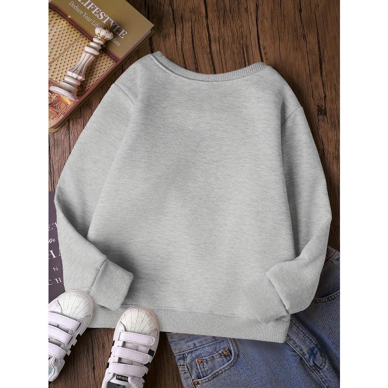 Girls' Stylish Round-Neck Sweatshirt, Casual Print Top