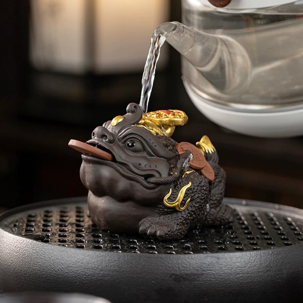 Lycklig Gyllene Groda Padda Tehusdjur, Högkvalitativ Yixing Zisha Lera Uppfödbar Penga Groda Statyett för Rikedom & Välstånd, Tebord De