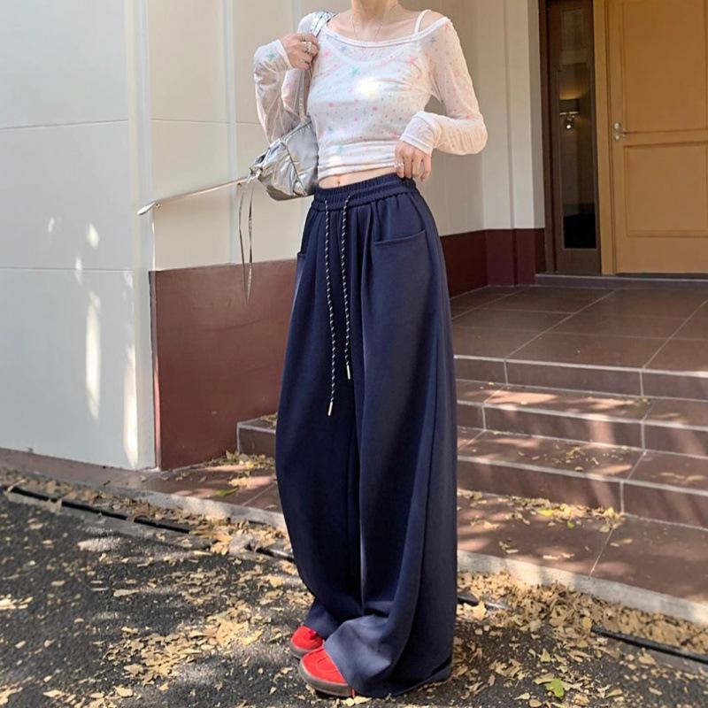 Casual Pants, Women's Stretched-waist Drawstring Wide-leg Pants, Loose and Slimming Pants for Early Autumn, Straight-leg Pants and Flip-flops