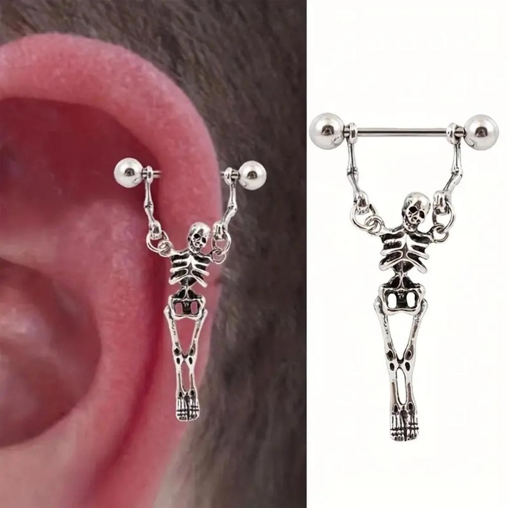 Gothic Halloween Street Barbell Skeleton Human Shaped Bone Earrings for Women Vintage Punk Barbell Pierced Skull Earring Jewelry
