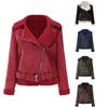 Womens Faux Suede Leather Jacket With Fur Collar Fall Winter Warm Outerwear Long Sleeve Zipper Coat