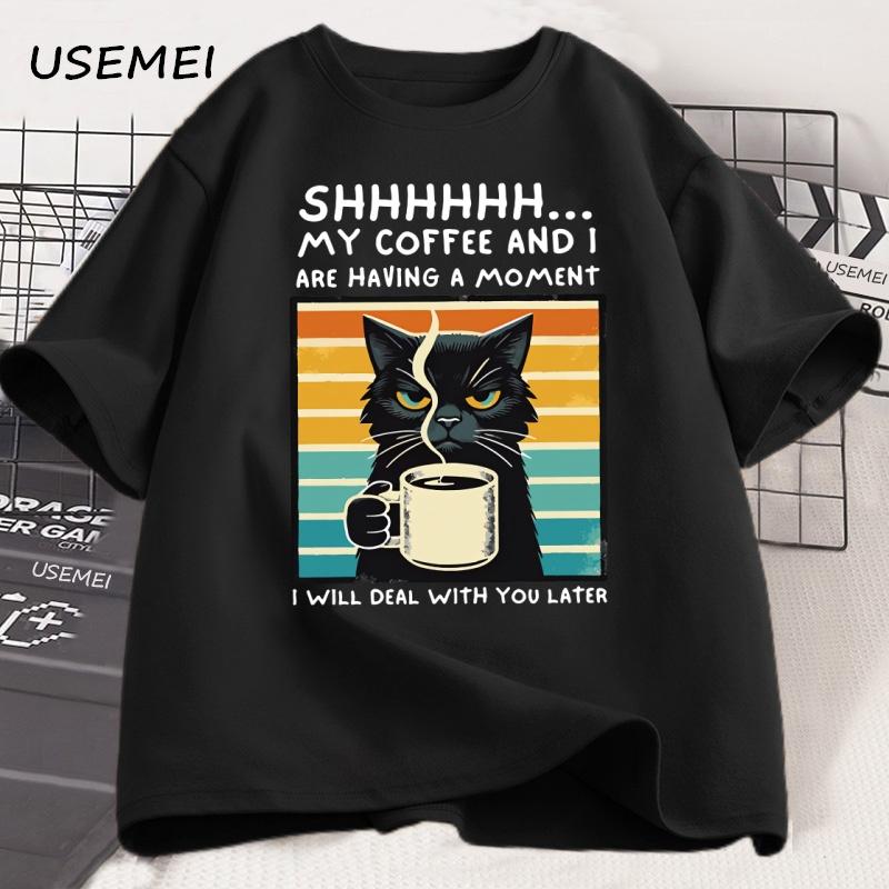 Funny Coffee Cat TShirt Summer Cotton Short Sleeve Cat Mama T Shirt Coffee Lover Tee Shirt Retro Cat T Shirt Unisexs Clothes