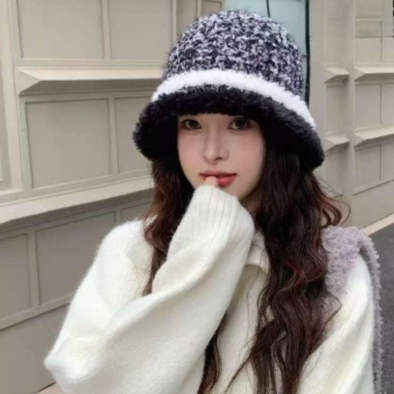 Mixed Color Plush Fisherman Hat for Women Warm Ear Protection  Face Friendly Small Basin Hat  Versatile Striped Knitted Bucket Hat