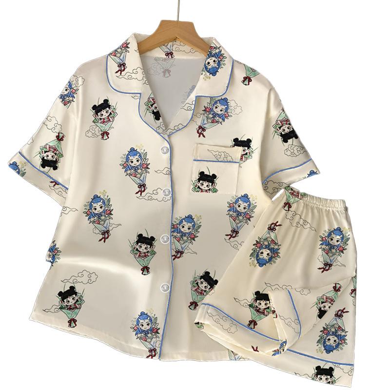 Popular Fresh Ice Silk Pajamas Women'S Summer Cute Girl Short-Sleeved Suit Silk Loungewear