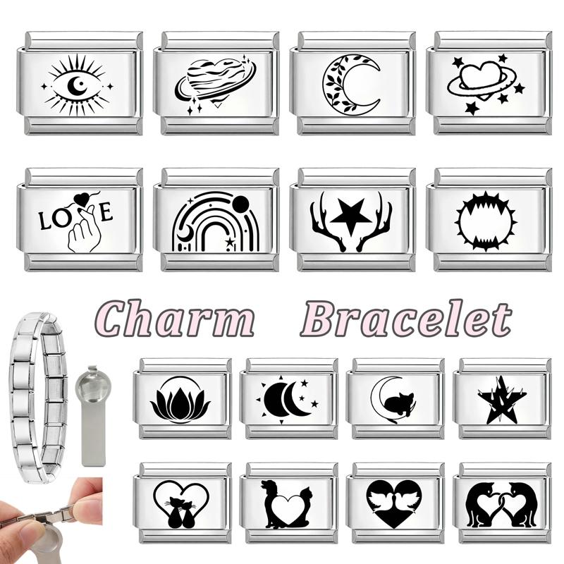 Fashion Laser Engraving Love Series Eye Sun Moon Cat Star Italian Charm Links Fit 9mm Stainless Steel Bracelet DIY Making Gift