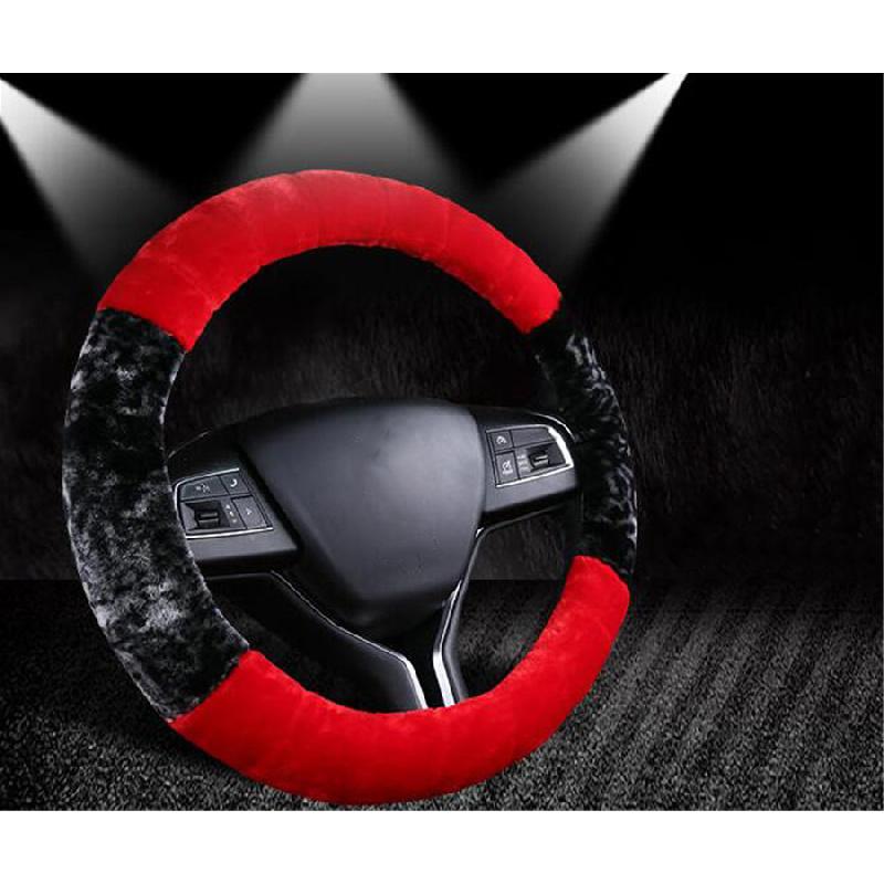 New Winter 38cm Universal Black+Red Plush Furry Thick Auto Car Steering Wheel Cover