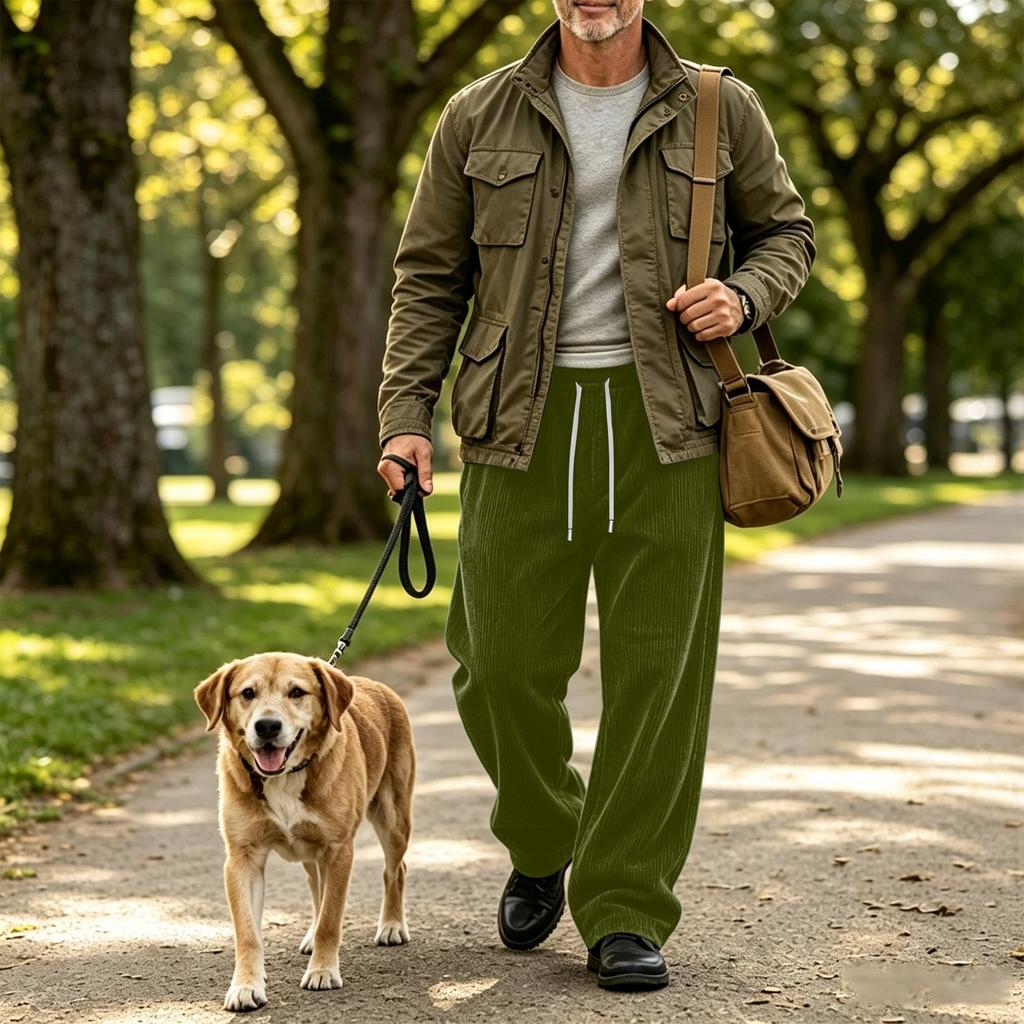 Pantalones de pana para hombre de cintura alta con bolsillos de corte holgado pierna recta ancha color casual
