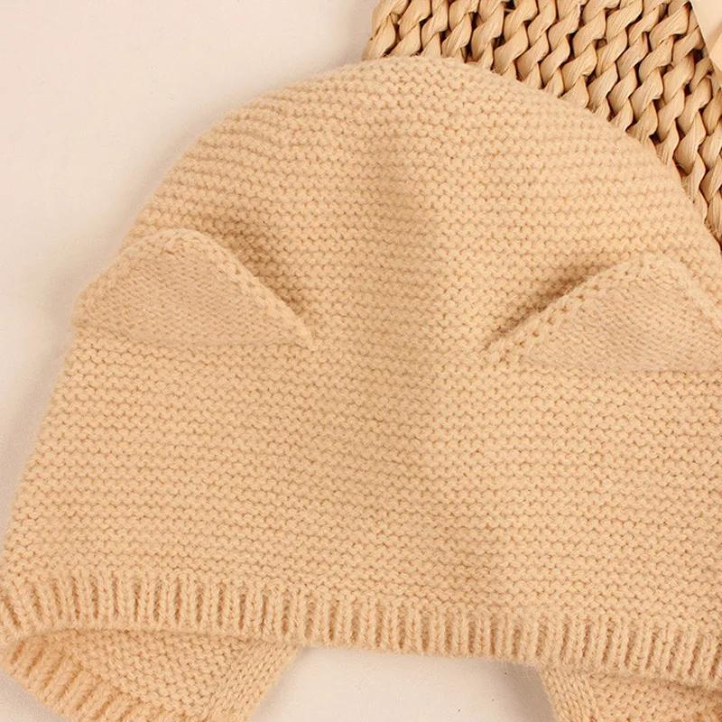 Winter Warm Knitted Baby Hat With Ears Solid Color Baby Boys Girls Cap Beanies Soft Infant Toddler Earflap Hats Bonnet