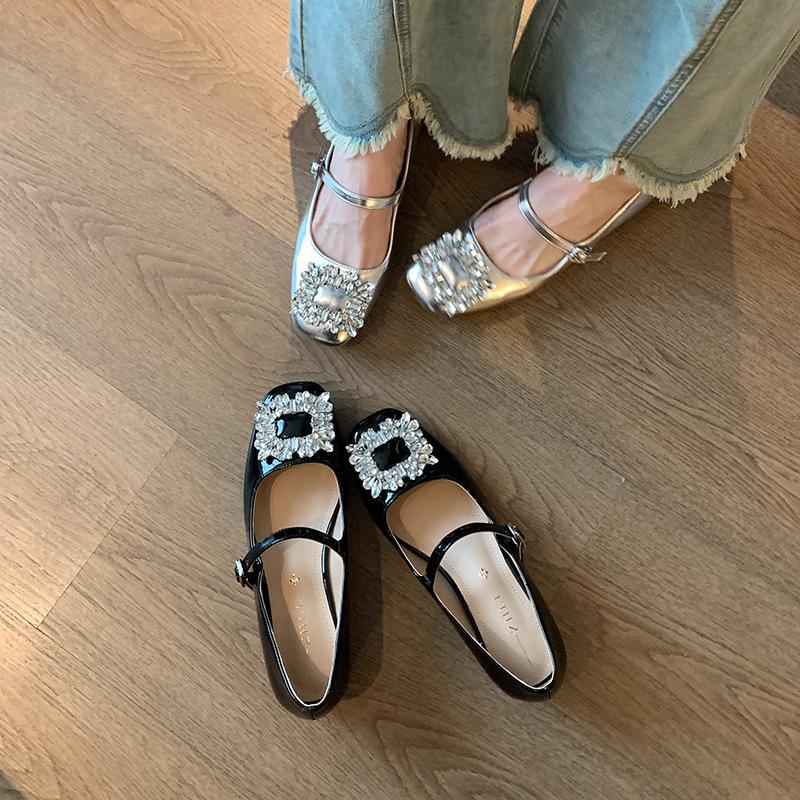 2386-58 Autumn New French Rhinestone Word with Square Head Shallow Mouth Mary Jane Widened Large Size Shoes Women