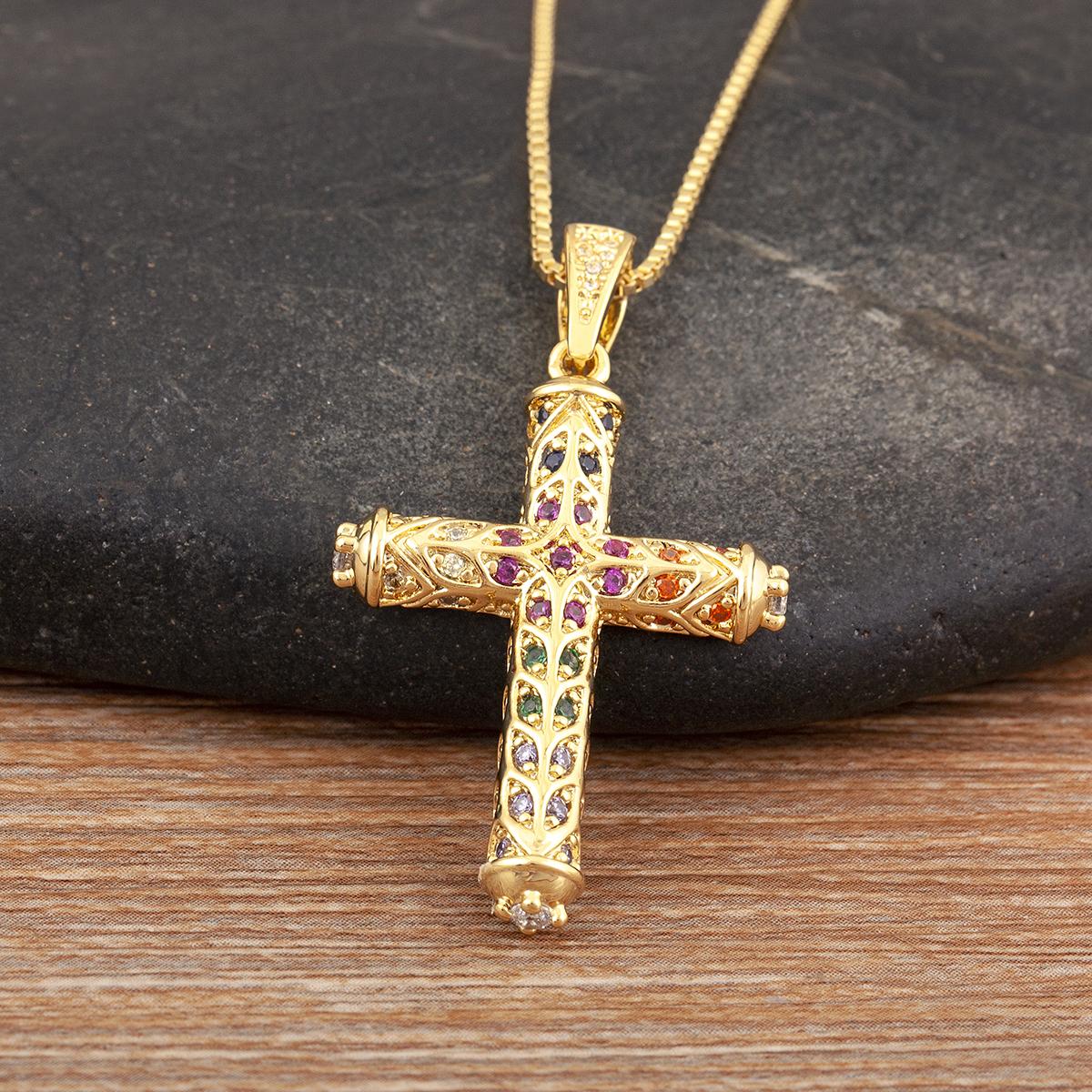 Nidin New Arrival Retro Column Shape Cross Pendant Necklace For Female Male Irregular Geometric Shine Zircon Jewelry Accessories