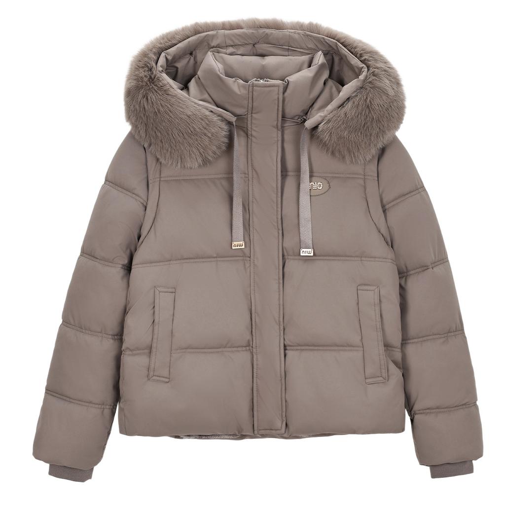 Winter fur collar hooded short cotton clothes women's loose drawstring waist bread clothes thickened warm cotton clothes