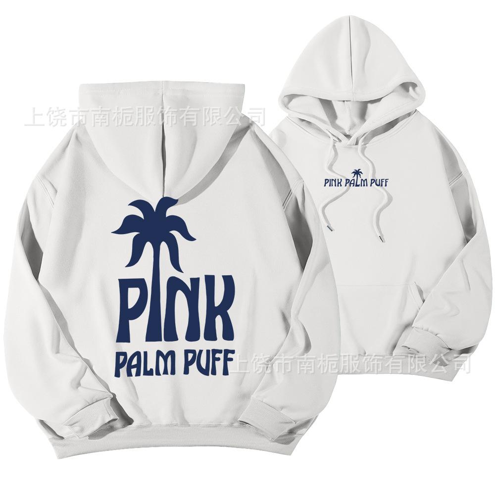 Women's Hooded Long Sleeve Drop Shoulder Pullover Sweatshirt Palm Tree "PINK PALM PUFF" Back Letter Print Casual Hoodie