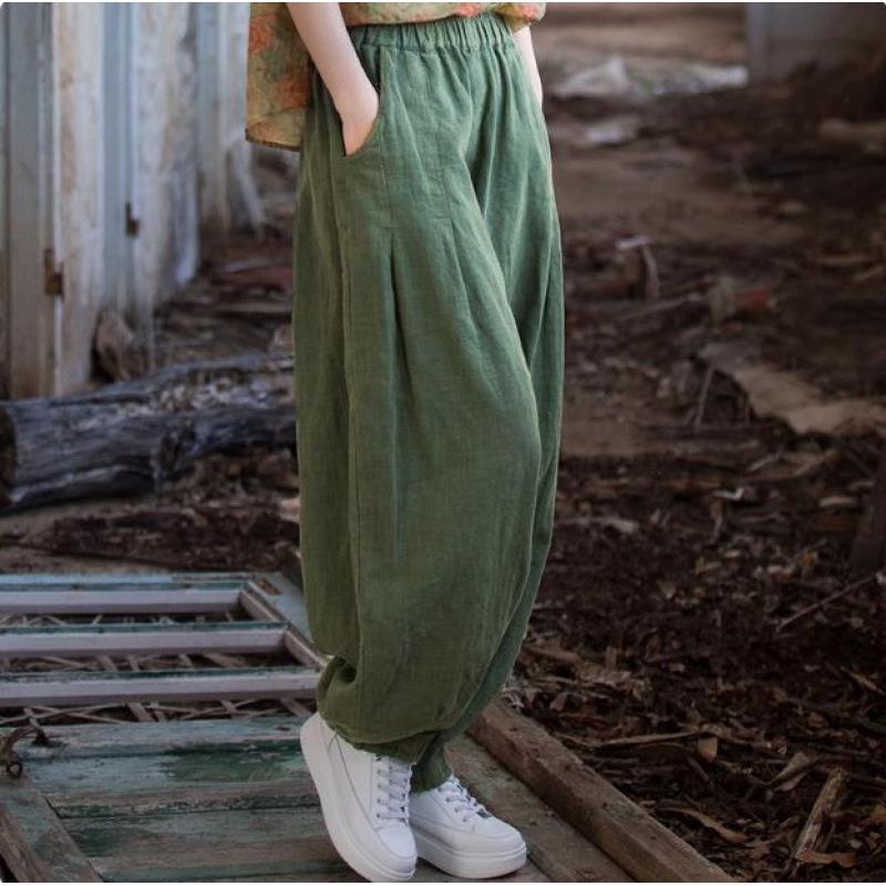 Women Vintage Cotton Linen Bloomers Pants Elastic Waist Solid Color Loose Casual Spring Long Pants