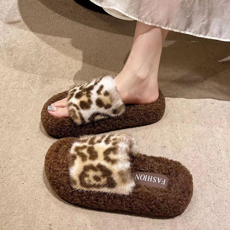 Fluffy Slippers Women's New Fashionable and Versatile Autumn and Winter Outer Wear Fluffy Leopard Print Cotton Slippers