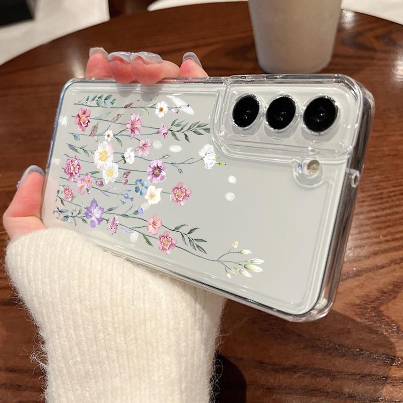 Barevný květinový vzor Čirá skořepina pro Samsung S25 S24 S22 Ultra Plus S23 S21 S20 Fe A55 A54 A53 A35 A15 A56 Ochrana objektivu Silikonový měkký tenký kryt