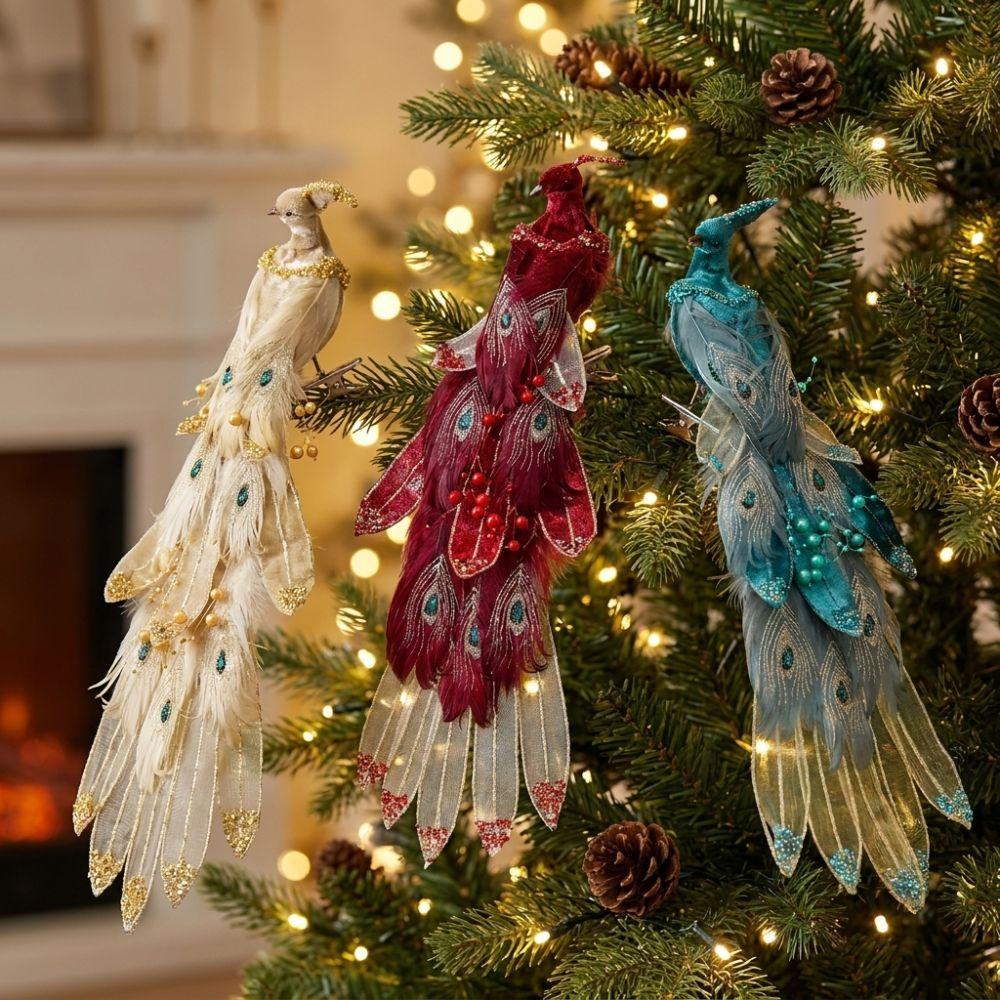 Feather Birds Christmas Peacock Ornaments Clip-On Faux Peacock Figurine  Home Party Decor