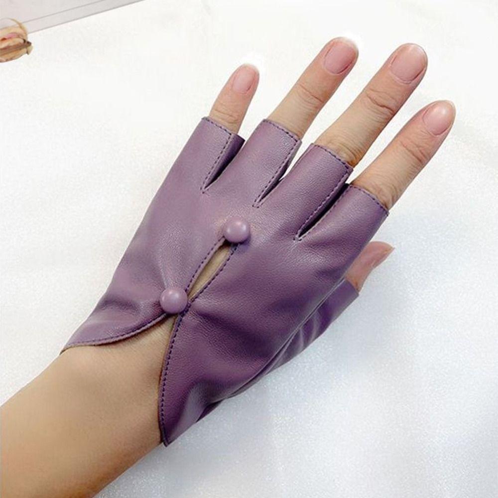 PU Leather Women Leather Gloves Button Hole Leather Gloves Half Finger Gloves  Mitten Accessories