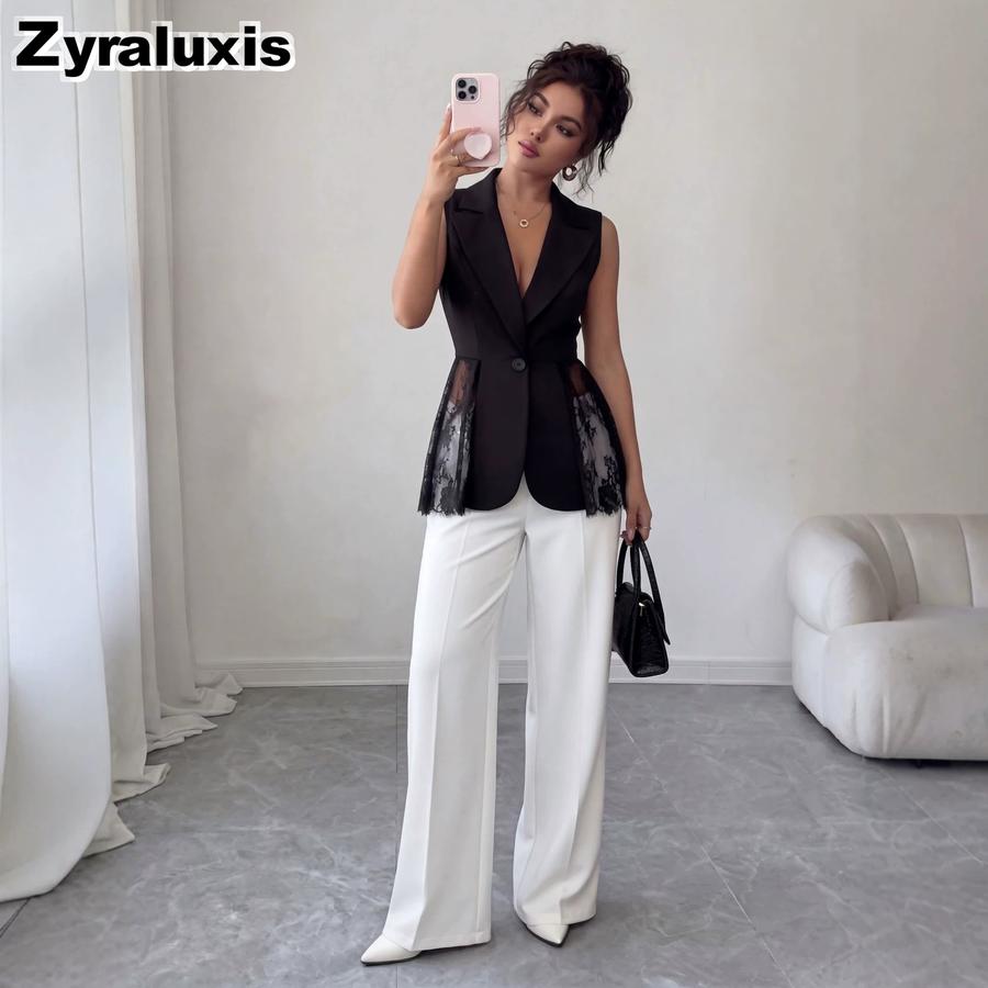 New Lace Patchwork Sleeveless Blazer Vest Slim A-Line Jacket S чёрный