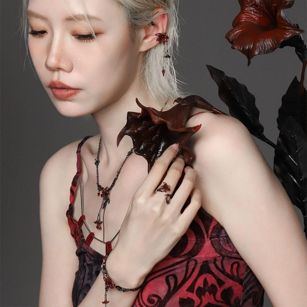 Dark Red Mandala Flower Jewelry Y2K Earring Retro Necklace Women Accessories