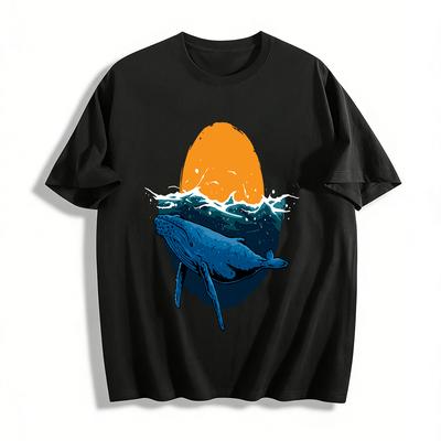 Vintage Ocean Whale Sunset Print Casual T-Shirt Pure Cotton T-shirt