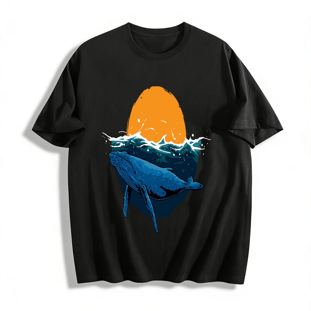 Vintage Ocean Whale Sunset Print Casual T-Shirt Pure cotton T-shirt XXS