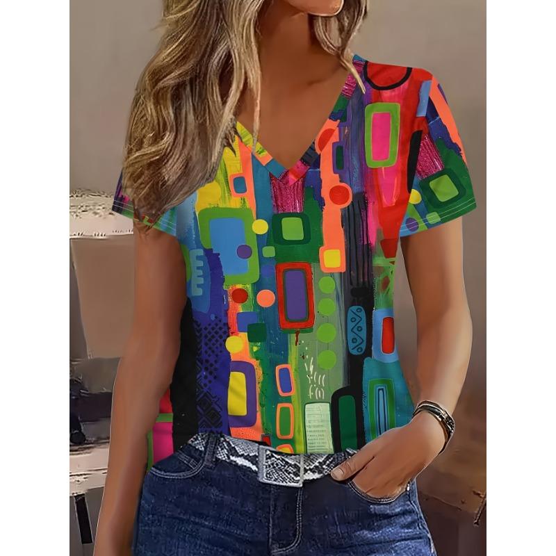 2025 New Summer Women's Black and White Plaid Print T-shirt V-neck Short Sleeve Casual Daily Basic Tops Women's Summer Pullover