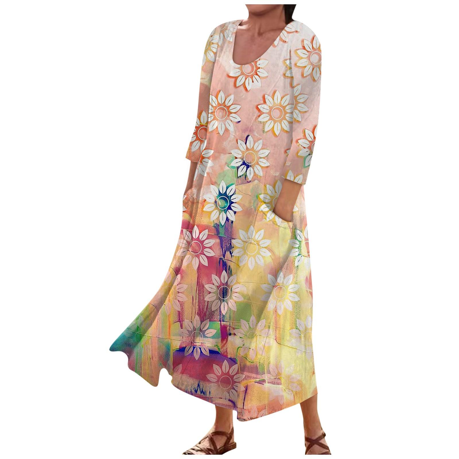 

Женское модное повседневное свободное карманное платье с круглым вырезом и рукавами 3/4 S оранжевый