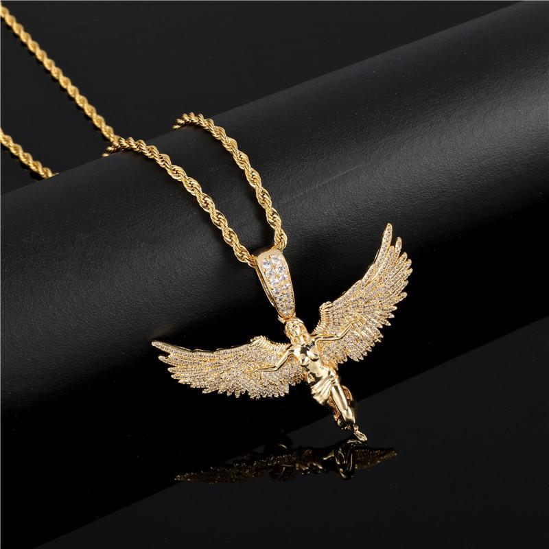 

Hip Hop Iced Out Bling Cubic Zirconia Angel Wings Necklaces & Pendants For Men Women Rapper Jewelry With Solid Back