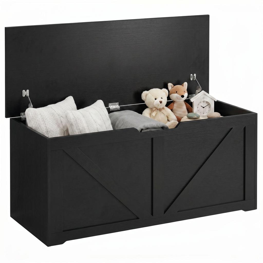 127L Home Storage Box, with Safety Hinges - Black Wood-Effect