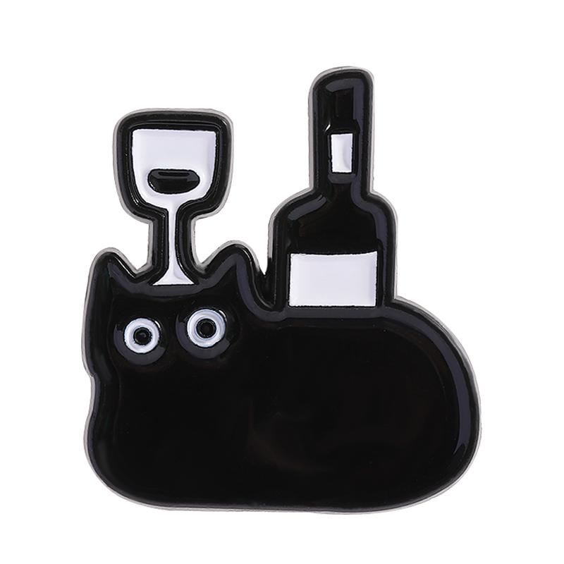 Czarny Kot Kawa Emaliowane Przypinki Własny Kot Czerwone Wino Herbata Mleczna Broszki Klapy Odznaki Ubrania Biżuteria Zwierzęca Prezent dla Dzieci Przyjaciół