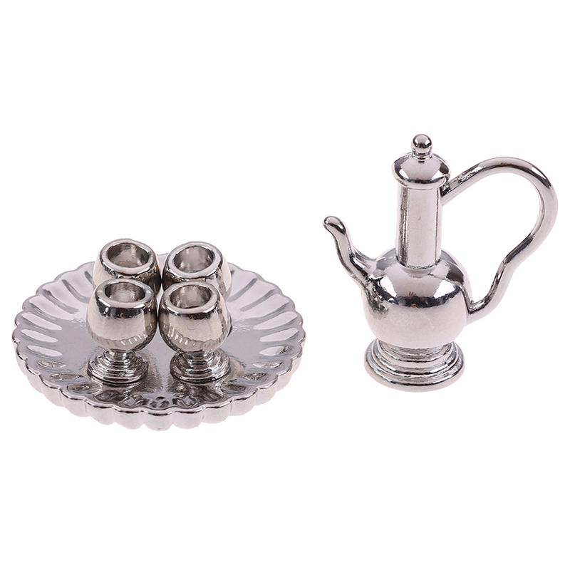 1Set 1: 12 Dollhouse Miniature Furniture Accessories Dining Ware Metal Tea Cup Plate Model Set For Doll House Decor Pretend Toy