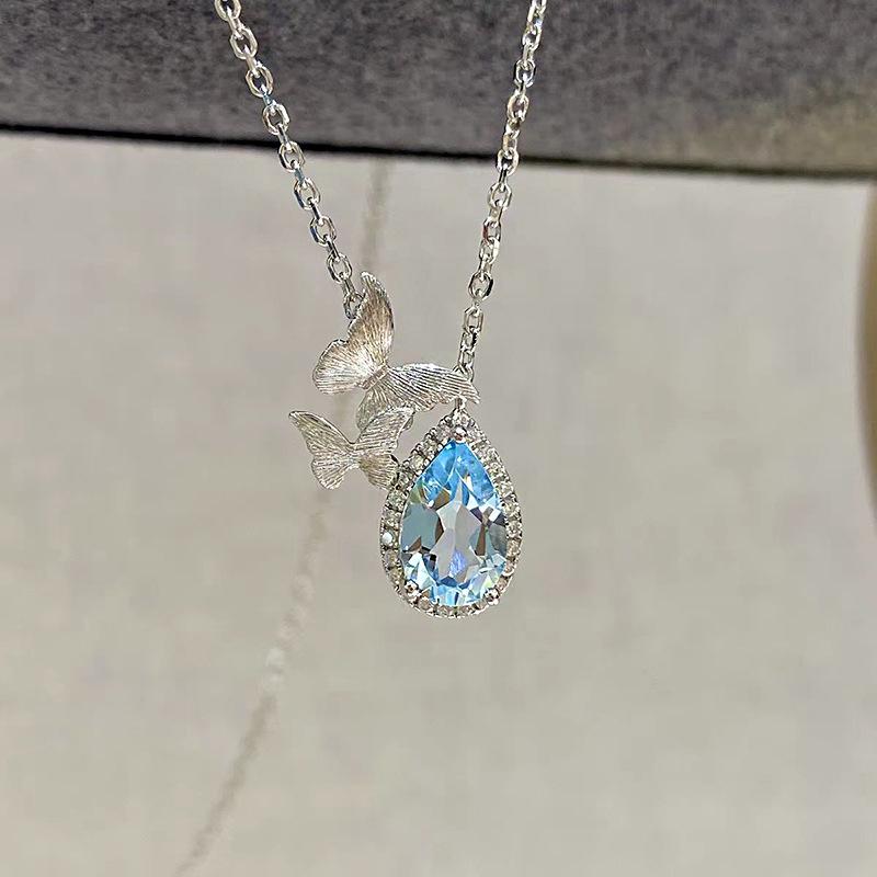 Hui Zhiyi S925 Silver Topaz Butterfly Necklace – Light Blue Teardrop Pendant