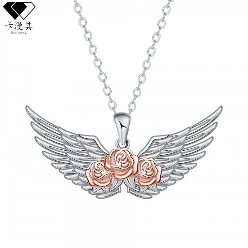 Knn-132 Wing Rose Pendant Necklace Women Elegant Two-tone Alloy Choker Delicate Fashion Jewelry Two-tone Rose White