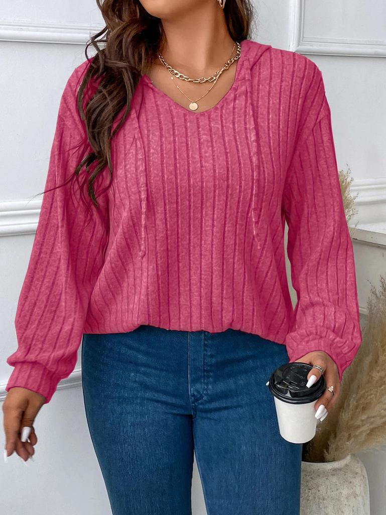 Plus Size Women Ribbed Knit Hooded Top V Neck Drawstring Long Sleeve Loose Casual T Shirt Fall Winter Basic Blouse