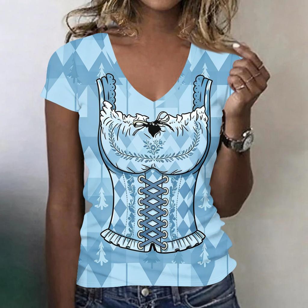 Women's Casual V Neck Short Sleeve T Shirt Oktoberfest Print Top Lightweight Comfortable Summer Tee for Everyday Wear