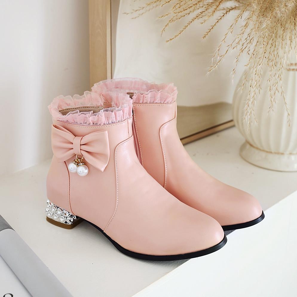 Autumn Winter Girls Boots Sweet Bow Zipper Ankle Boots Comfort Square Heel Women Boots Pink Lolita Student Shoes Plus Size 28-43