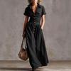 Damen Mehrfarbig Knopfleiste Hemdkleid Maxi-Kleid Revers Kurze Ärmel Tasche Vorne Lässig Langes Kleid
