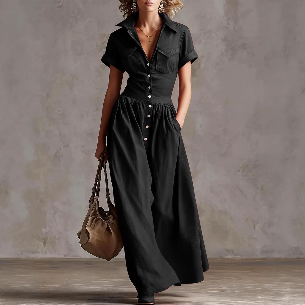 Damen Mehrfarbig Knopfleiste Hemdkleid Maxi-Kleid Revers Kurze Ärmel Tasche Vorne Lässig Langes Kleid