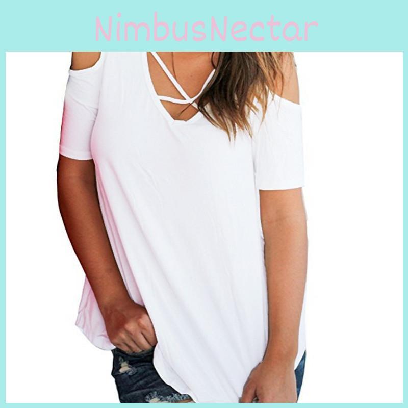 Elegant Women Cold Shoulder Loose Tops Criss Cross Short Sleeve T-shirt Blouse