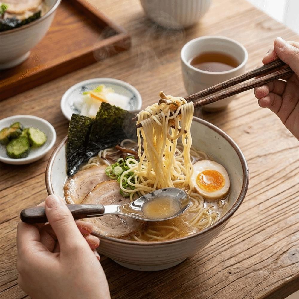 Wood Grain Handle Stainless Steel Spoon Japanese Style Two-Piece Tableware  Utensil Storage