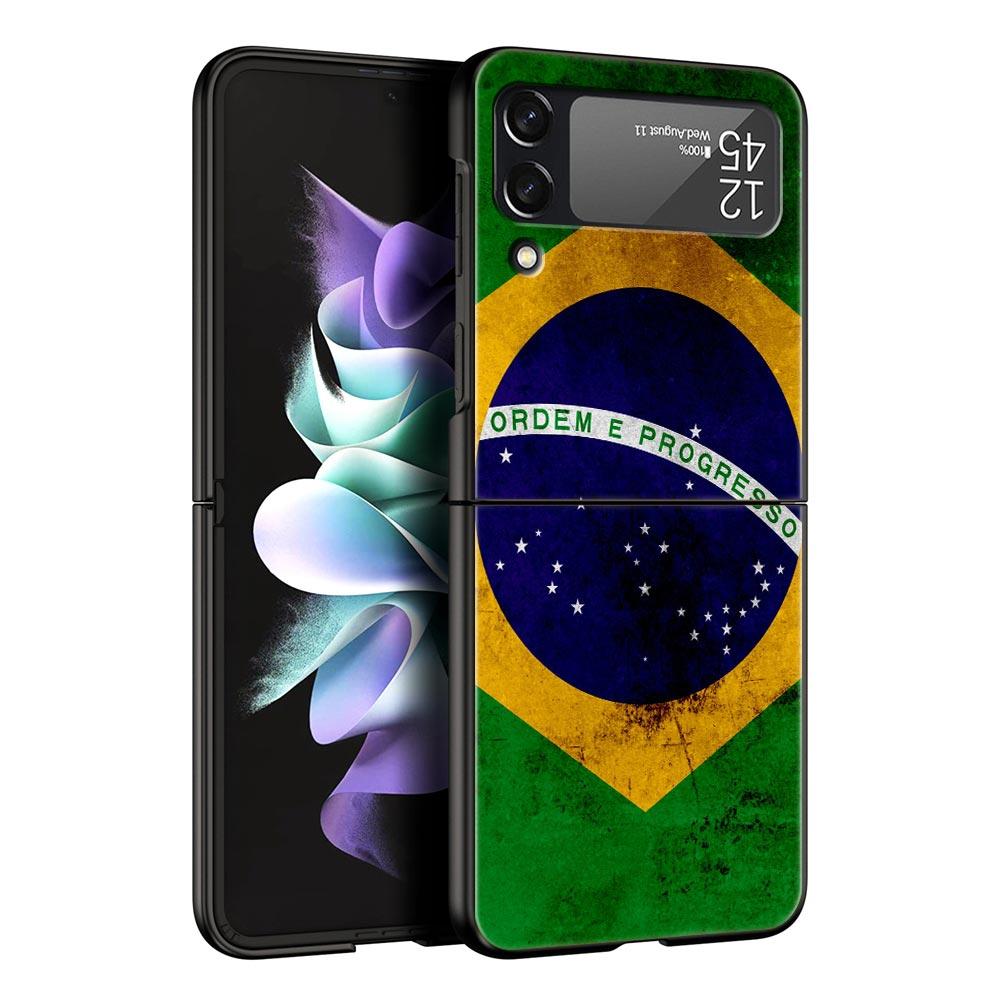 Phone Case for Samsung Galaxy Z Flip 3 4 5 6 7 Folding Black Shell For Samsung Z Flip4 Flip5 PC Hard Cover Large Brazil Flag