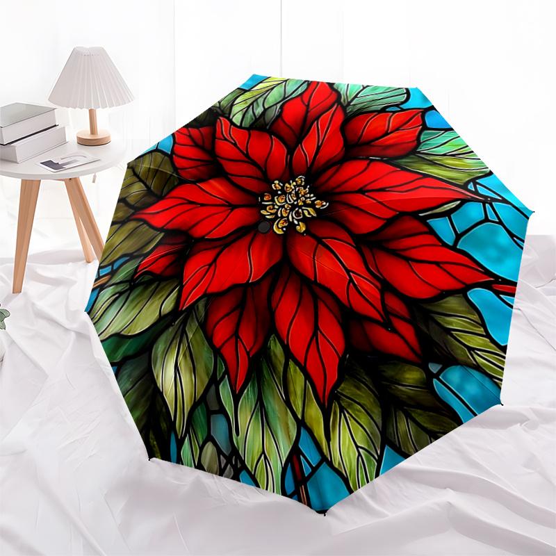 Stained Poinsettia Design Automatic Opening Folding Umbrella with 8-Bone Iron Frame for Outdoor Use, Festive Gift, Suitable for Fans, Travel