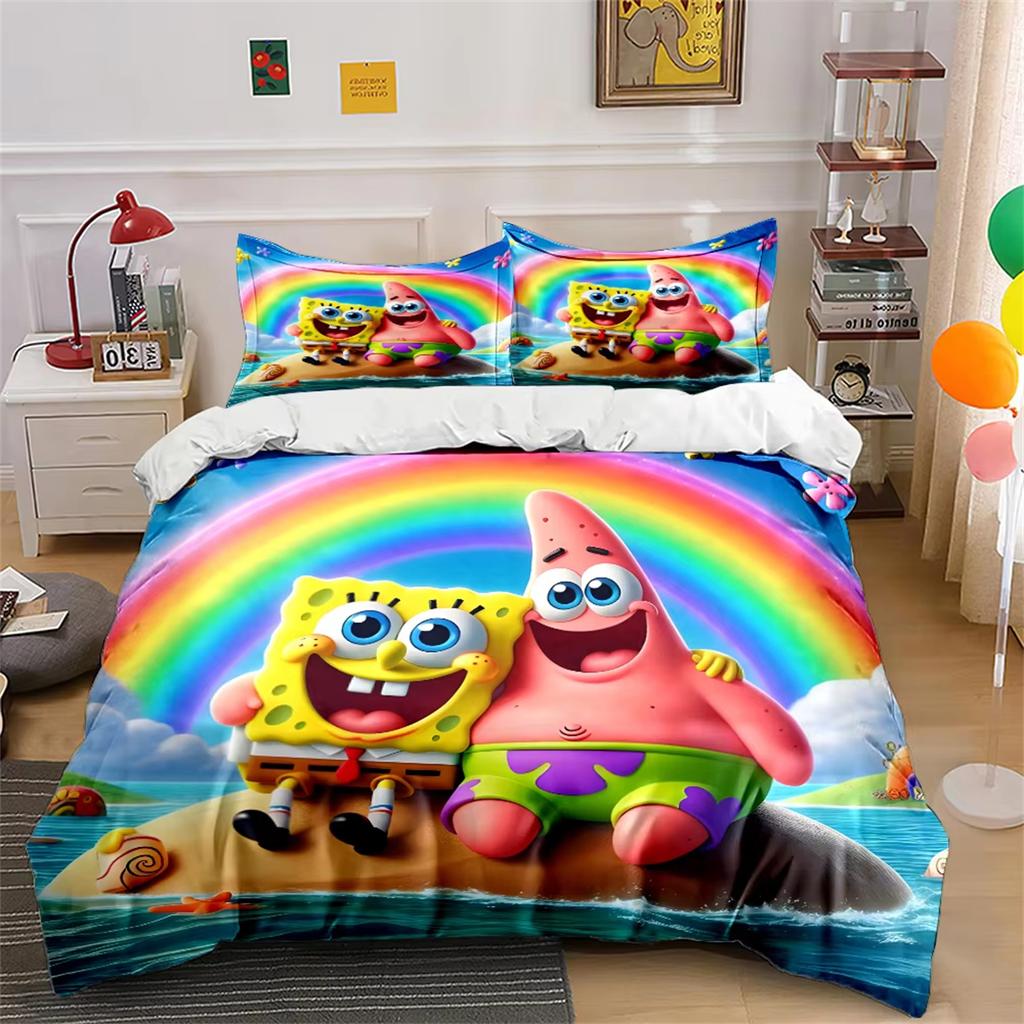 Cute Sponge/Bob BDuvet Cover Set, Cartoon Printed Duvet Cover Bedding Set for Kids Bedroom, Soft Microfiber Quilt Covers 2pcs