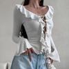 Ruffle Edge Splicing Lace-up Short Shirt Sexy Strap Tie Spicy Girl Top Long Sleeved Solid Color Falred Long Sleeve T-shirt Streetwear Slim Fit Blouse