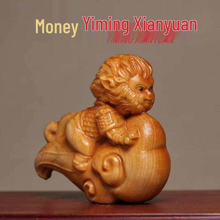 Cypress Wood Locomotive Monkey Zodiac Desktop Ornament Size 6.5×6CM