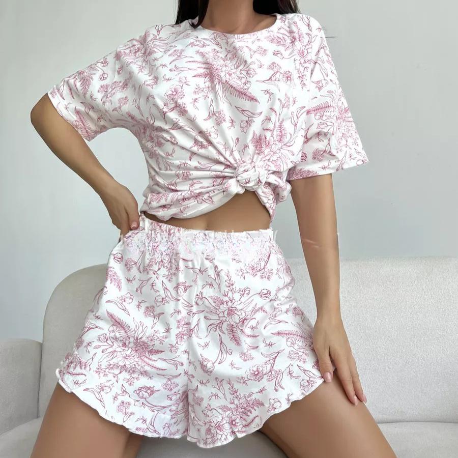 2025 Summer Heart Printed Pink Pajamas Set Women Homewear Sexy Casual Loose Short Sleeve Tops and Shorts 2 Pieces Sets Sleepwear
