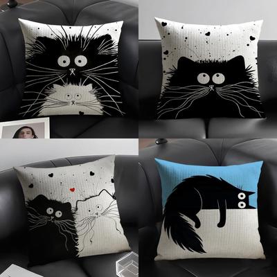 Cute Cat Cartoon Cushion Cover Natural Linen Organic Fabric DoubleSided Printing Sofa Home Decor Breathable Environmentally