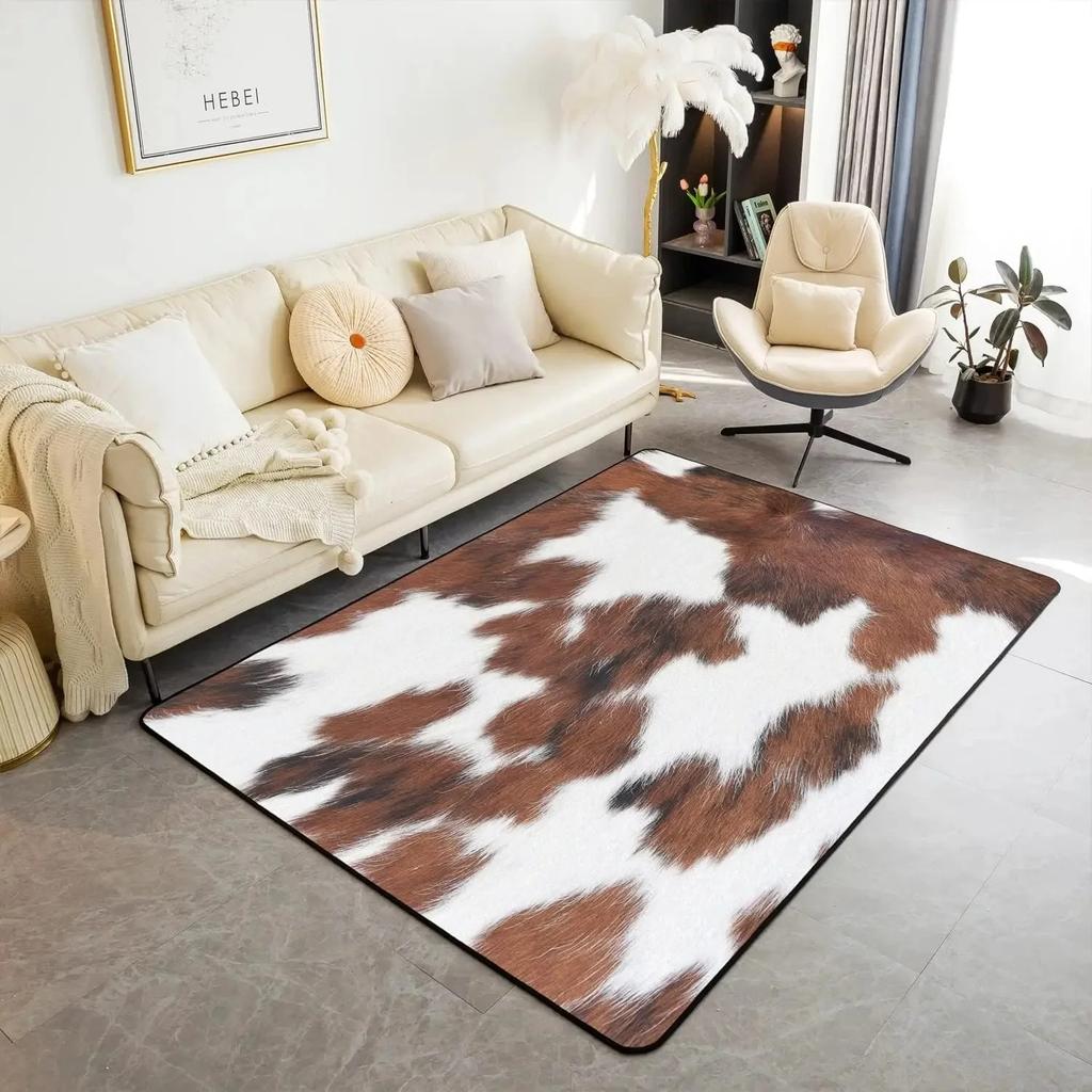 Tapete de Área Estampado Vaca da Moda Marrom Branco Texturizado Couro Falso Carpete Sala de Estar Quarto Tapete de Chão de Luxo