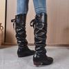 Fashion Shoes For Women 2025 Spring Knee High Boots Black Tall Boots Woman Pleated Low Heel Casual Leather Female Long boots